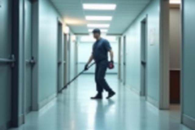 Janitor cleaning a hallway in a large commercial building